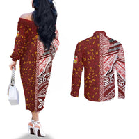 Tonga Language Week Couples Matching Off The Shoulder Long Sleeve Dress and Long Sleeve Button Shirt Ngatu Pattern and Tongan Alphabet - Polynesian Pride