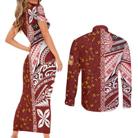 Tonga Language Week Couples Matching Short Sleeve Bodycon Dress and Long Sleeve Button Shirt Ngatu Pattern and Tongan Alphabet - Polynesian Pride