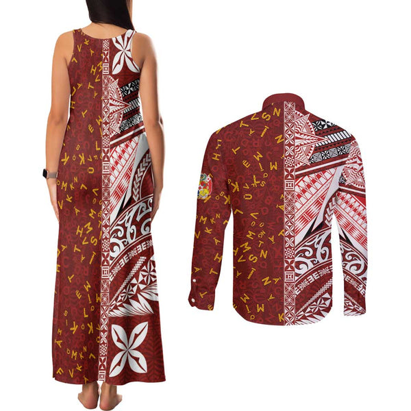Custom Tonga Rugby Couples Matching Mermaid Dress and Long Sleeve Button Shirts Tongan Ngatu Pattern White Version LT01 main image 1