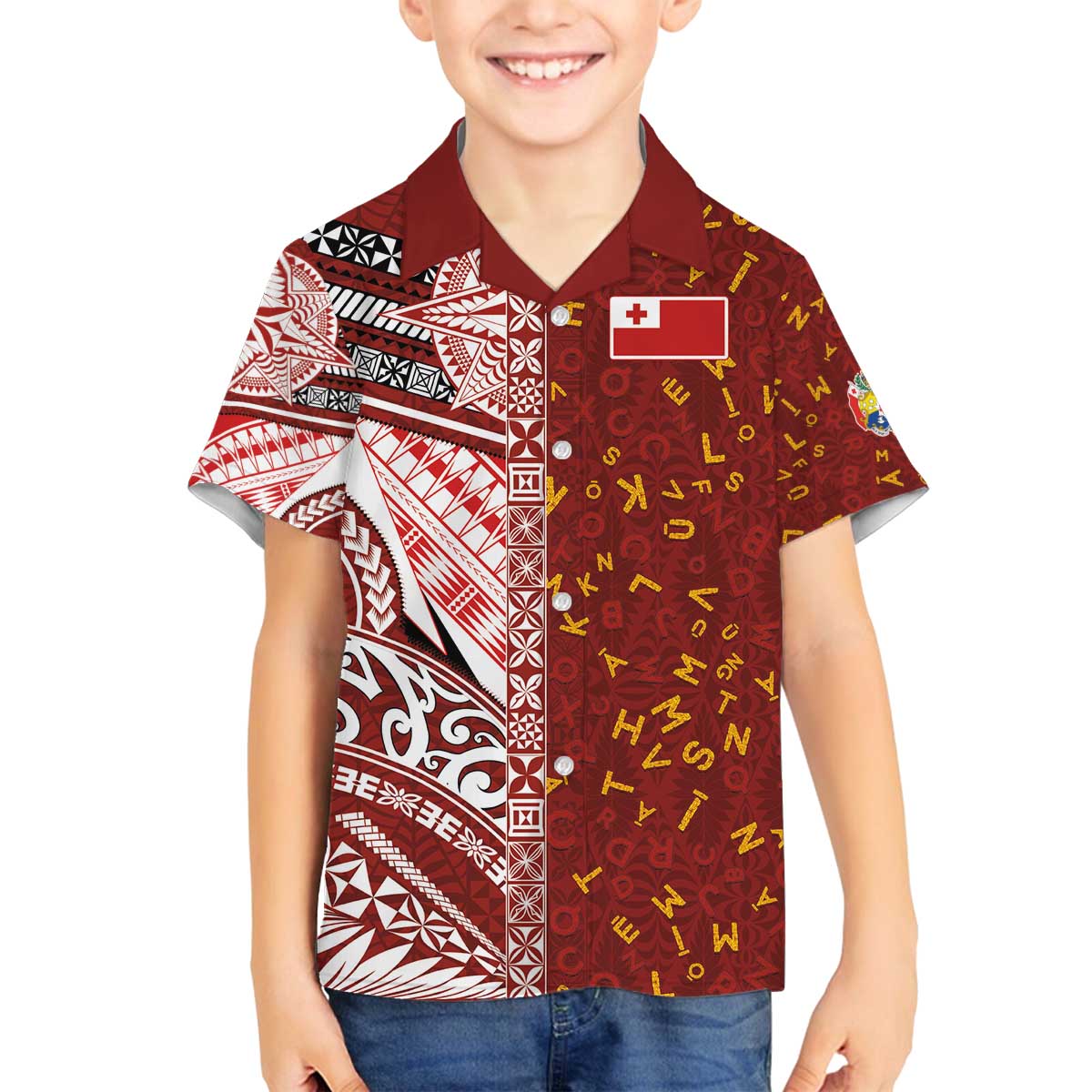 Tonga Language Week Family Matching Off The Shoulder Long Sleeve Dress and Hawaiian Shirt Ngatu Pattern and Tongan Alphabet - Polynesian Pride