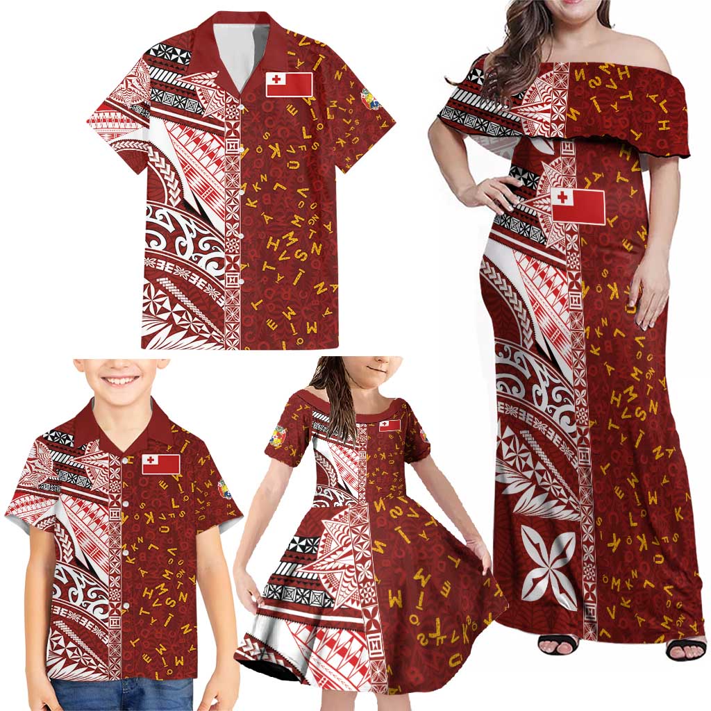 Tonga Language Week Family Matching Off Shoulder Maxi Dress and Hawaiian Shirt Ngatu Pattern and Tongan Alphabet - Polynesian Pride
