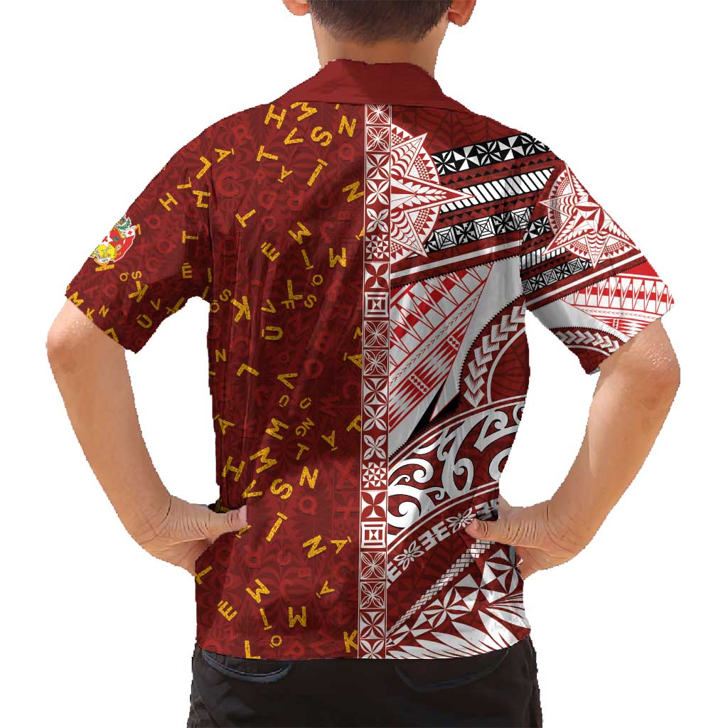 Tonga Language Week Family Matching Off Shoulder Short Dress and Hawaiian Shirt Ngatu Pattern and Tongan Alphabet - Polynesian Pride