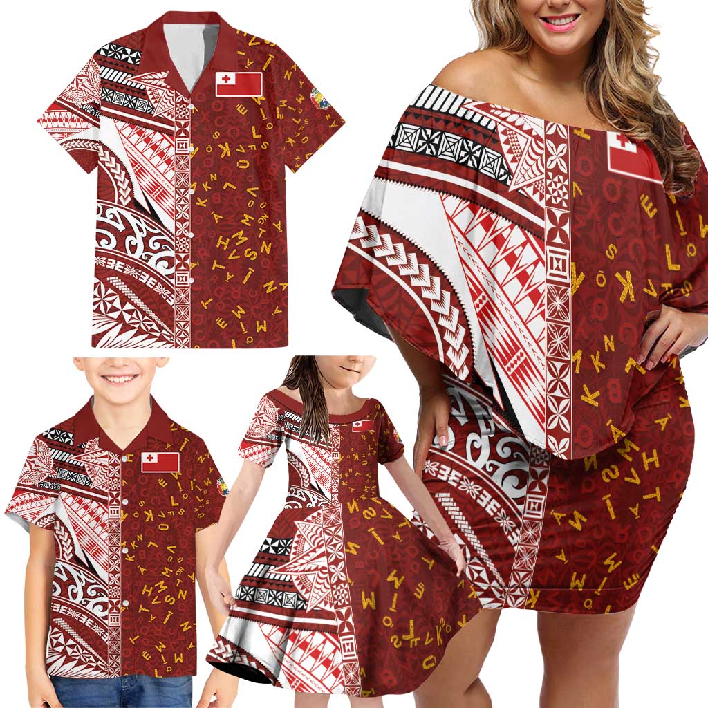 Tonga Language Week Family Matching Off Shoulder Short Dress and Hawaiian Shirt Ngatu Pattern and Tongan Alphabet - Polynesian Pride