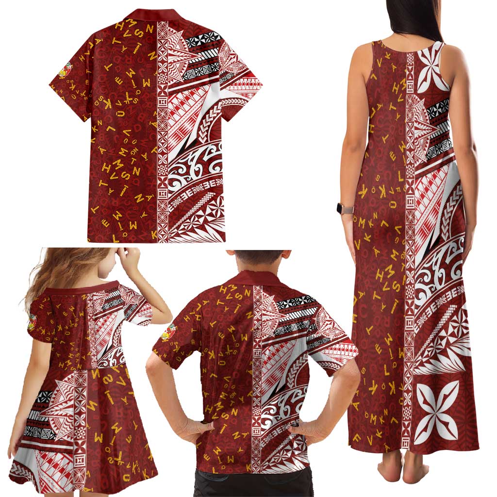 Tonga Language Week Family Matching Tank Maxi Dress and Hawaiian Shirt Ngatu Pattern and Tongan Alphabet - Polynesian Pride