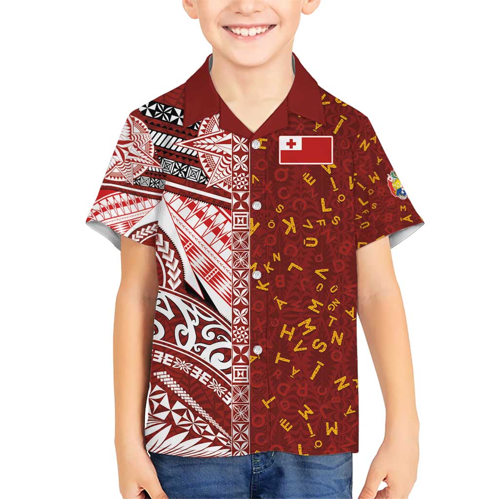 Tonga Language Week Kid Hawaiian Shirt Ngatu Pattern and Tongan Alphabet - Polynesian Pride