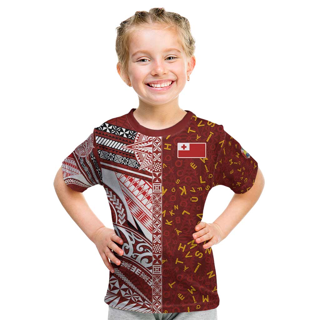Tonga Language Week Kid T Shirt Ngatu Pattern and Tongan Alphabet - Polynesian Pride