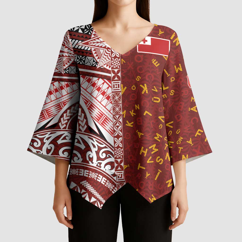 Tonga Language Week Kimono Sleeve Blouse Ngatu Pattern and Tongan Alphabet - Polynesian Pride