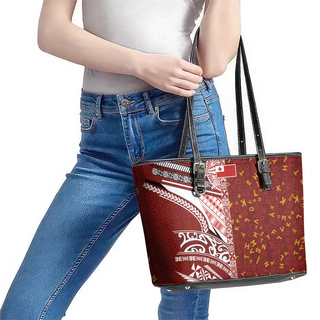 Tonga Language Week Leather Tote Bag Ngatu Pattern and Tongan Alphabet - Polynesian Pride