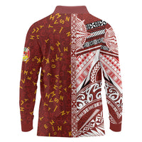 Tonga Language Week Long Sleeve Polo Shirt Ngatu Pattern and Tongan Alphabet - Polynesian Pride