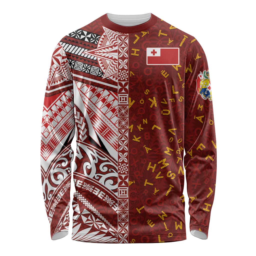 Tonga Language Week Long Sleeve Shirt Ngatu Pattern and Tongan Alphabet - Polynesian Pride