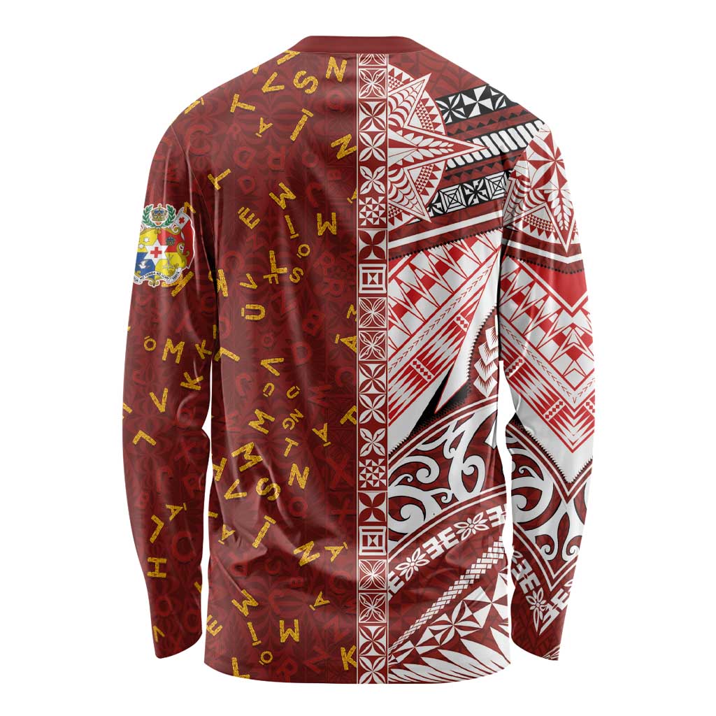 Tonga Language Week Long Sleeve Shirt Ngatu Pattern and Tongan Alphabet - Polynesian Pride