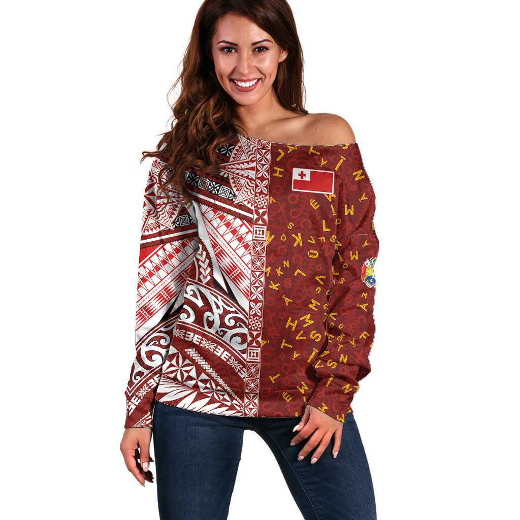 Tonga Language Week Off Shoulder Sweater Ngatu Pattern and Tongan Alphabet - Polynesian Pride