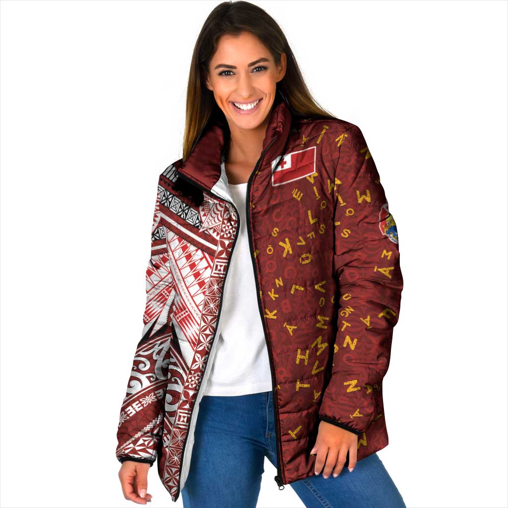 Tonga Language Week Padded Jacket Ngatu Pattern and Tongan Alphabet LT03 Women Red - Polynesian Pride