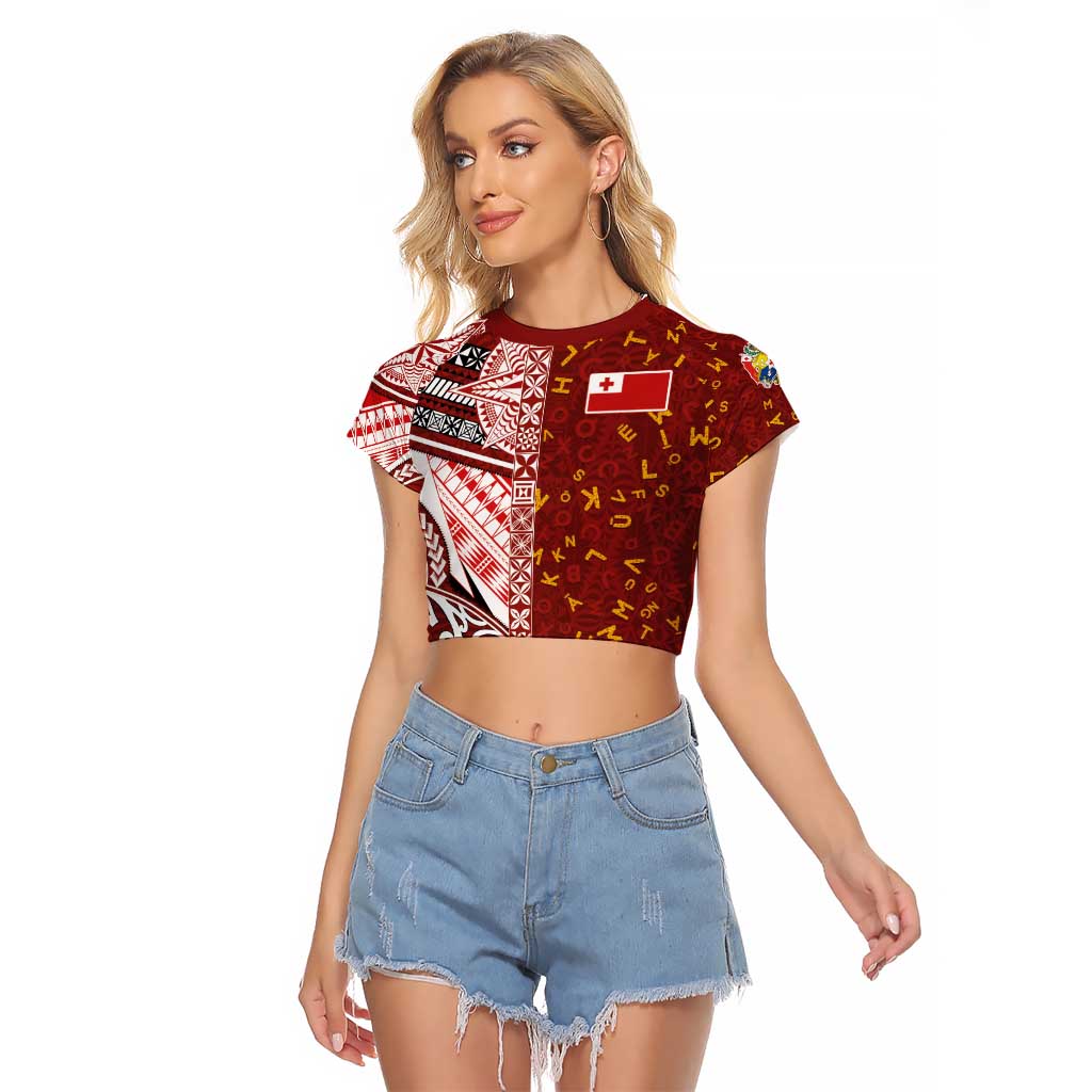 Tonga Language Week Raglan Cropped T Shirt Ngatu Pattern and Tongan Alphabet - Polynesian Pride