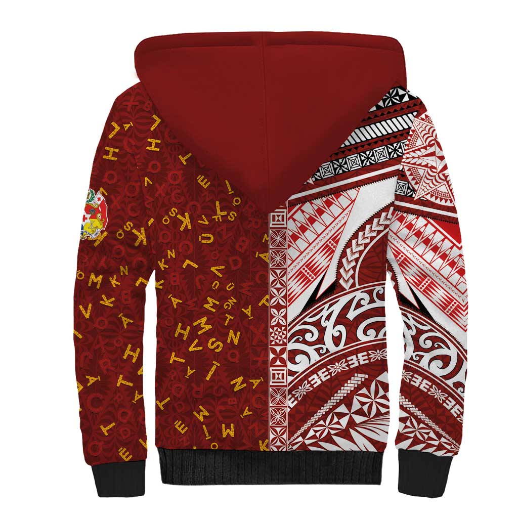 Tonga Language Week Sherpa Hoodie Ngatu Pattern and Tongan Alphabet - Polynesian Pride