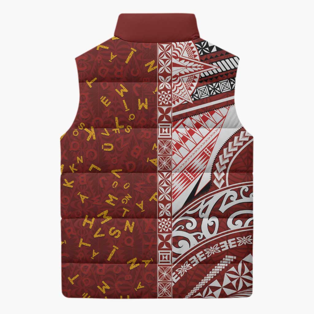 Tonga Language Week Sleeveless Puffer Jacket Ngatu Pattern and Tongan Alphabet LT03 - Polynesian Pride