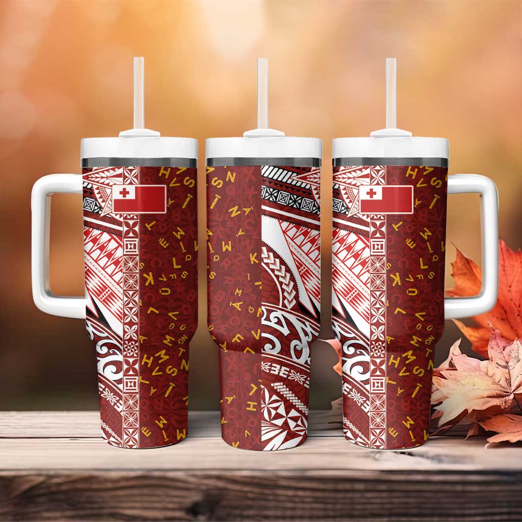 Tonga Language Week Tumbler With Handle Ngatu Pattern and Tongan Alphabet - Polynesian Pride