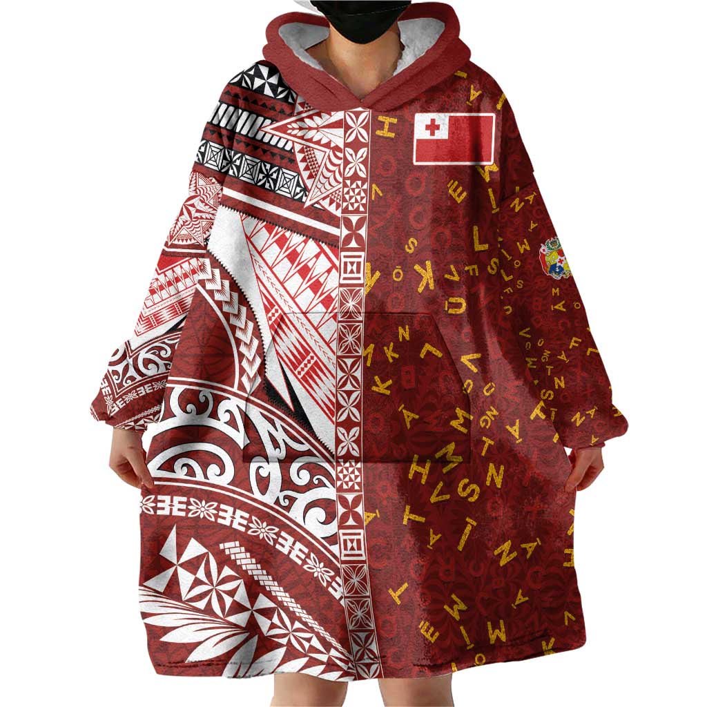 Tonga Language Week Wearable Blanket Hoodie Ngatu Pattern and Tongan Alphabet - Polynesian Pride