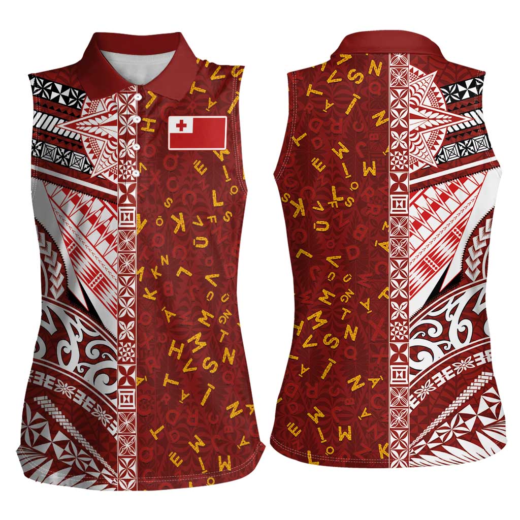 Tonga Language Week Women Sleeveless Polo Shirt Ngatu Pattern and Tongan Alphabet - Polynesian Pride