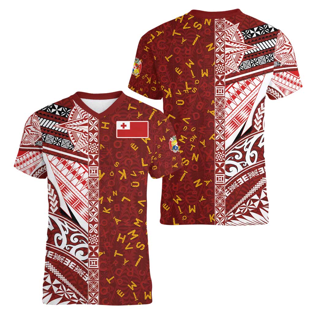 Tonga Language Week Women V-Neck T-Shirt Ngatu Pattern and Tongan Alphabet - Polynesian Pride