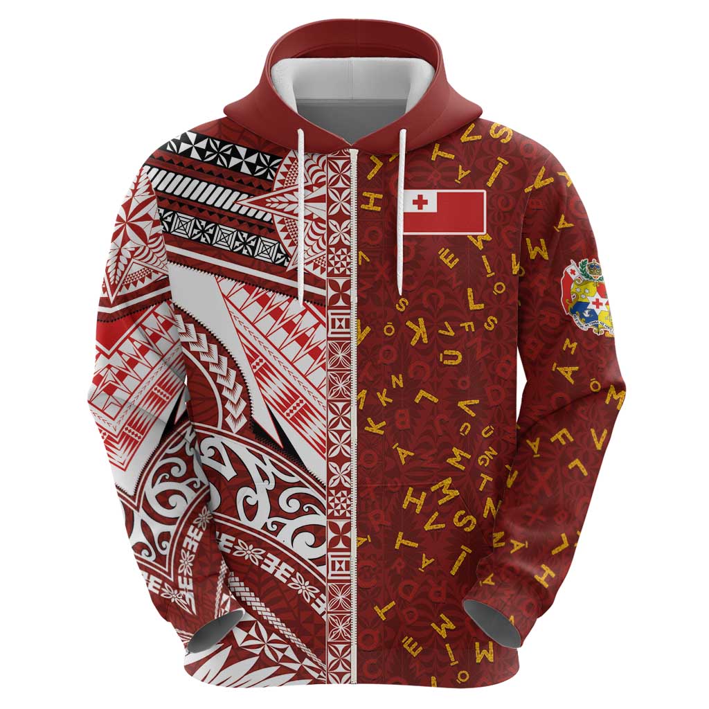 Tonga Language Week Zip Hoodie Ngatu Pattern and Tongan Alphabet - Polynesian Pride