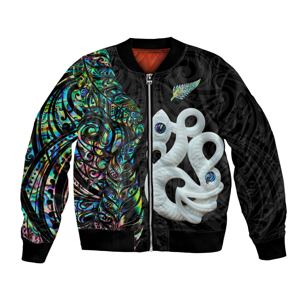 New Zealand Bomber Jacket Silver Fern and Manaia with Papua Shell Maori Tribal LT03 Unisex White - Polynesian Pride
