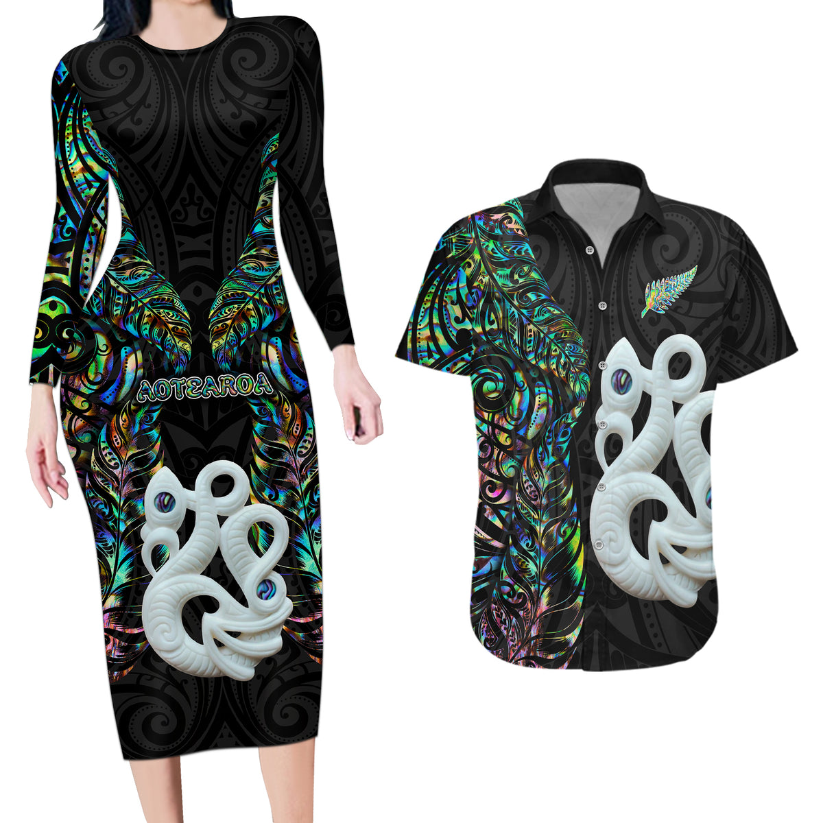 New Zealand Couples Matching Long Sleeve Bodycon Dress and Hawaiian Shirt Silver Fern and Manaia with Papua Shell Maori Tribal LT03 White - Polynesian Pride