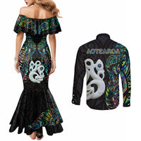 New Zealand Couples Matching Mermaid Dress and Long Sleeve Button Shirts Silver Fern and Manaia with Papua Shell Maori Tribal LT03 - Polynesian Pride