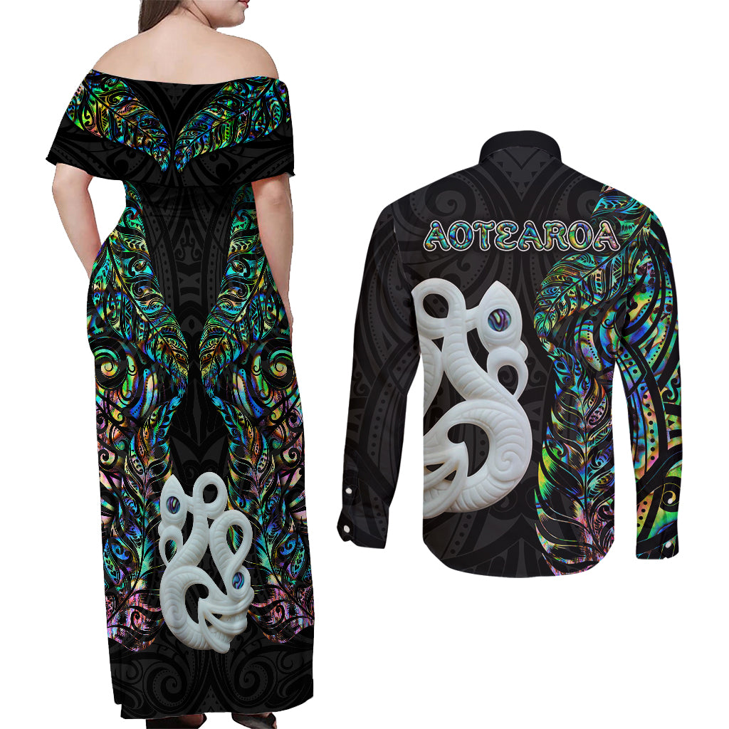 New Zealand Couples Matching Off Shoulder Maxi Dress and Long Sleeve Button Shirts Silver Fern and Manaia with Papua Shell Maori Tribal LT03 - Polynesian Pride