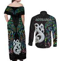 New Zealand Couples Matching Off Shoulder Maxi Dress and Long Sleeve Button Shirts Silver Fern and Manaia with Papua Shell Maori Tribal LT03 - Polynesian Pride
