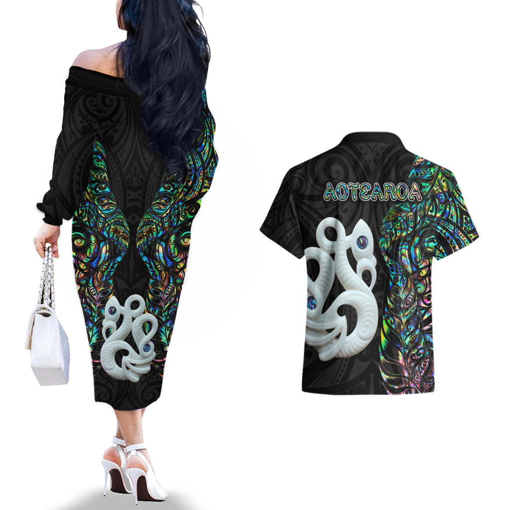 New Zealand Couples Matching Off The Shoulder Long Sleeve Dress and Hawaiian Shirt Silver Fern and Manaia with Papua Shell Maori Tribal LT03 - Polynesian Pride