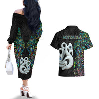 New Zealand Couples Matching Off The Shoulder Long Sleeve Dress and Hawaiian Shirt Silver Fern and Manaia with Papua Shell Maori Tribal LT03 - Polynesian Pride
