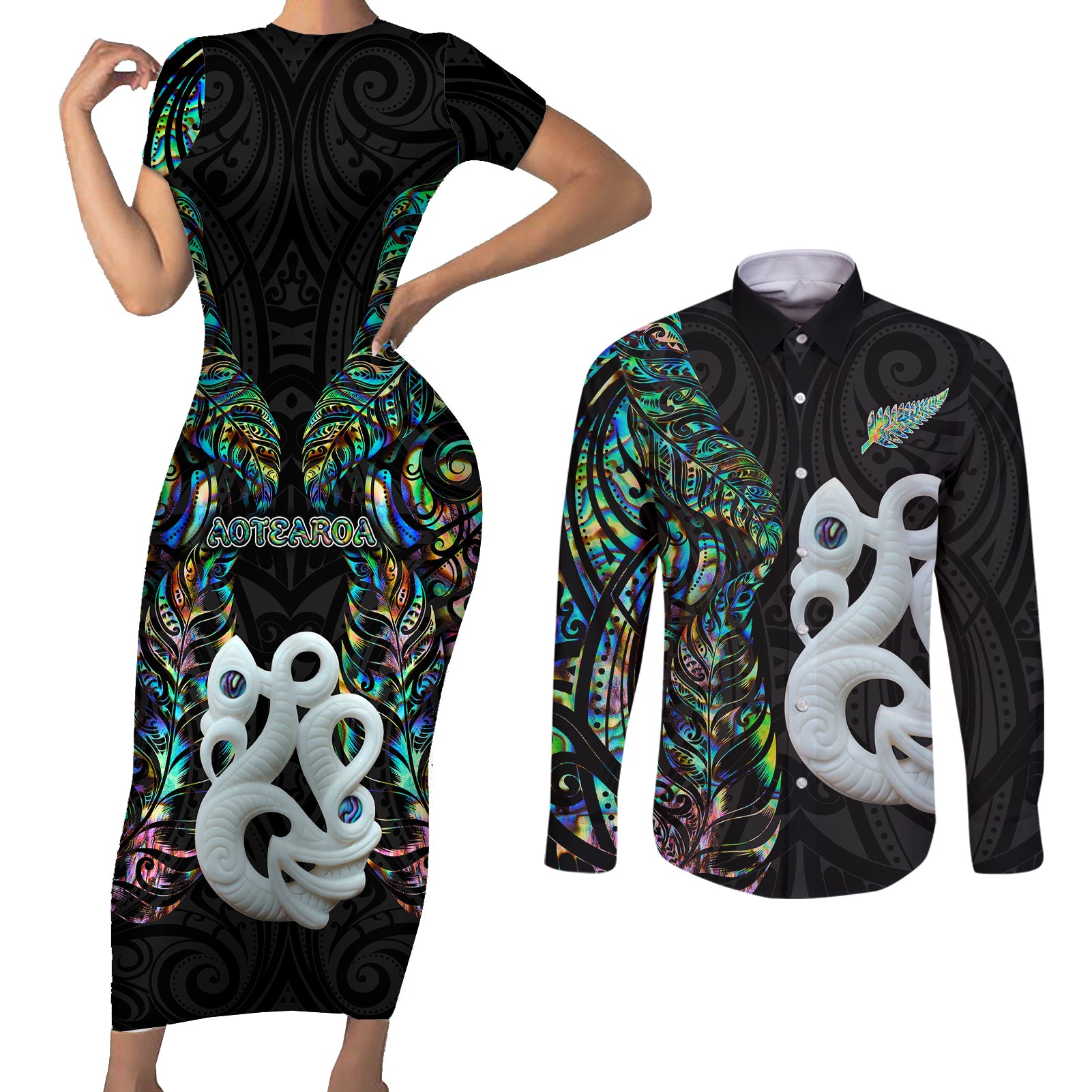 New Zealand Couples Matching Short Sleeve Bodycon Dress and Long Sleeve Button Shirts Silver Fern and Manaia with Papua Shell Maori Tribal LT03 White - Polynesian Pride