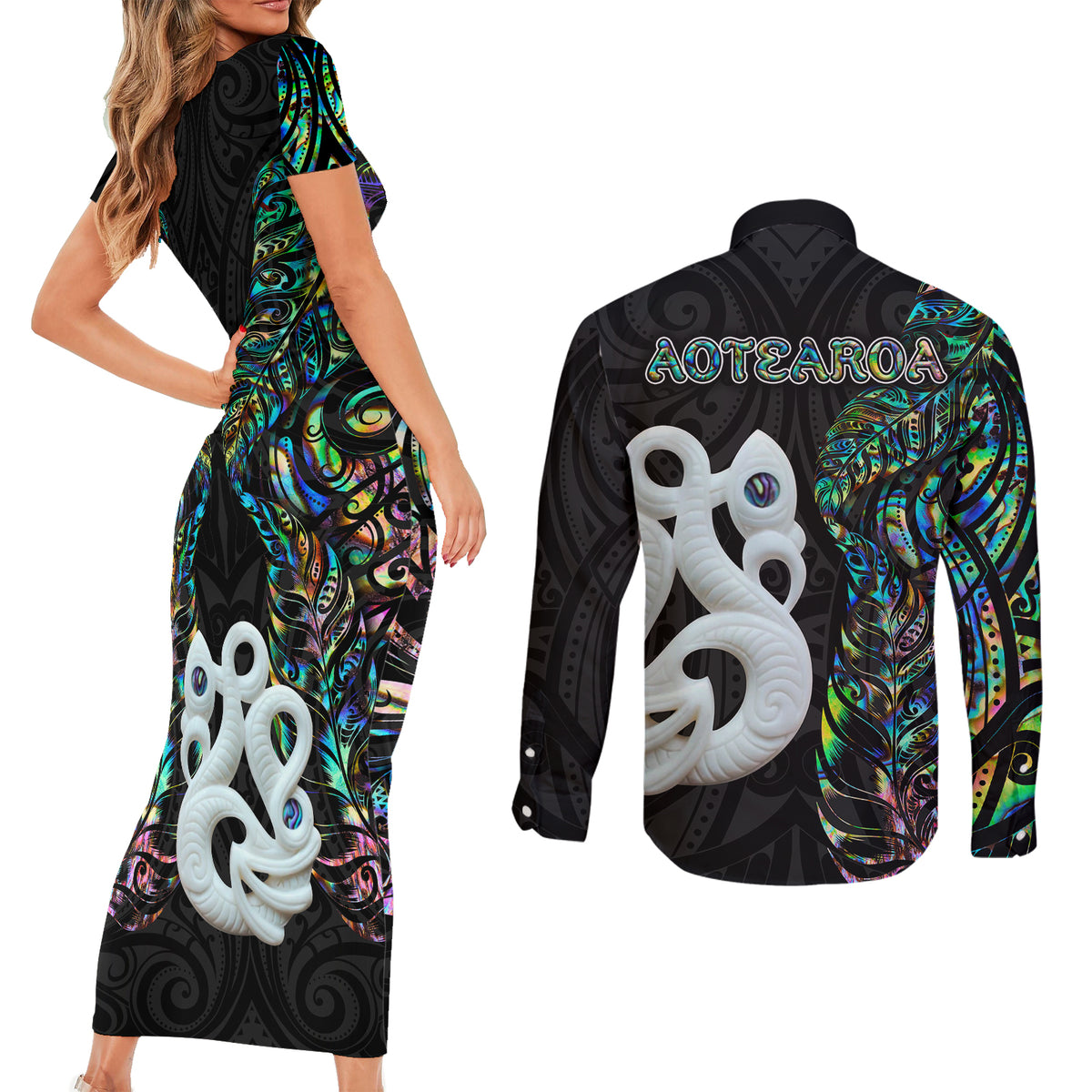New Zealand Couples Matching Short Sleeve Bodycon Dress and Long Sleeve Button Shirts Silver Fern and Manaia with Papua Shell Maori Tribal LT03 - Polynesian Pride