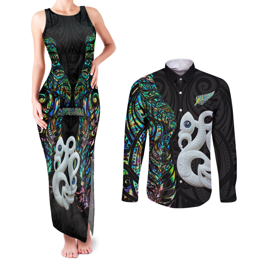 New Zealand Couples Matching Tank Maxi Dress and Long Sleeve Button Shirts Silver Fern and Manaia with Papua Shell Maori Tribal LT03 White - Polynesian Pride