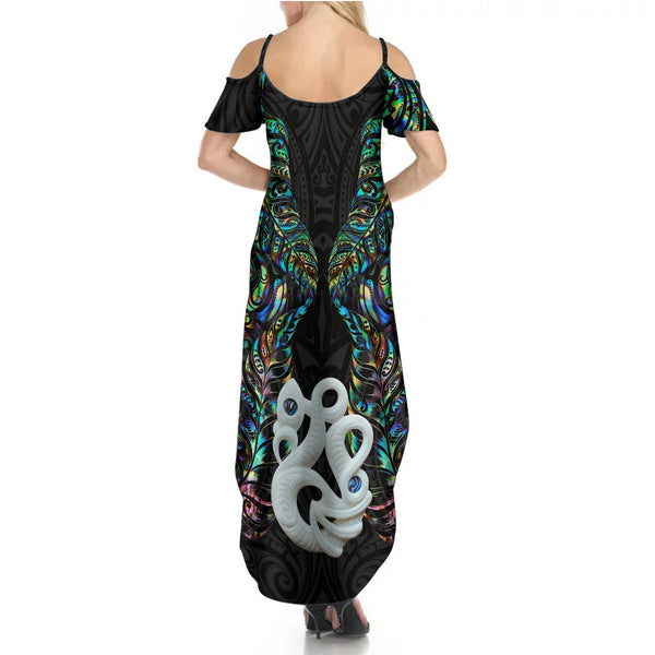 Aotearoa New Zealand Summer Maxi Dress Silver Fern and Matau with Maori Tribal Pink Style LT03 main image 1