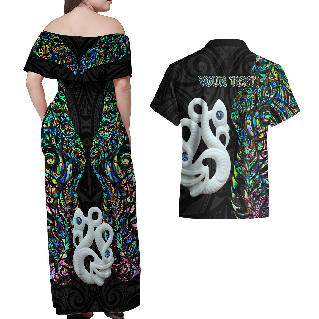 Custom New Zealand Couples Matching Off Shoulder Maxi Dress and Hawaiian Shirt Silver Fern and Manaia with Papua Shell Maori Tribal LT03 - Polynesian Pride