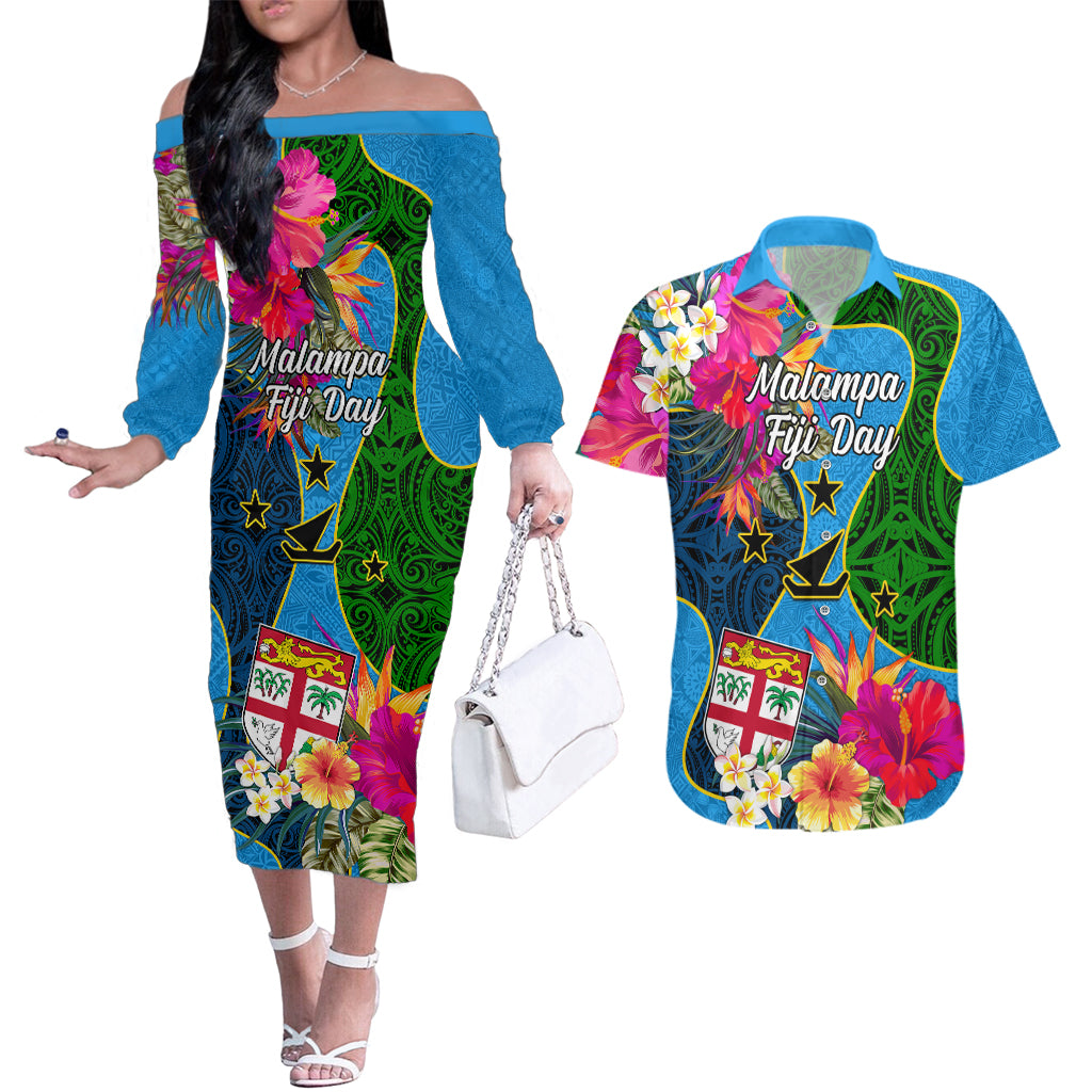 Personalised Malampa Fiji Day Couples Matching Off The Shoulder Long Sleeve Dress and Hawaiian Shirt Tropical Plants Mix Polynesian and Tapa Pattern LT03 Blue - Polynesian Pride