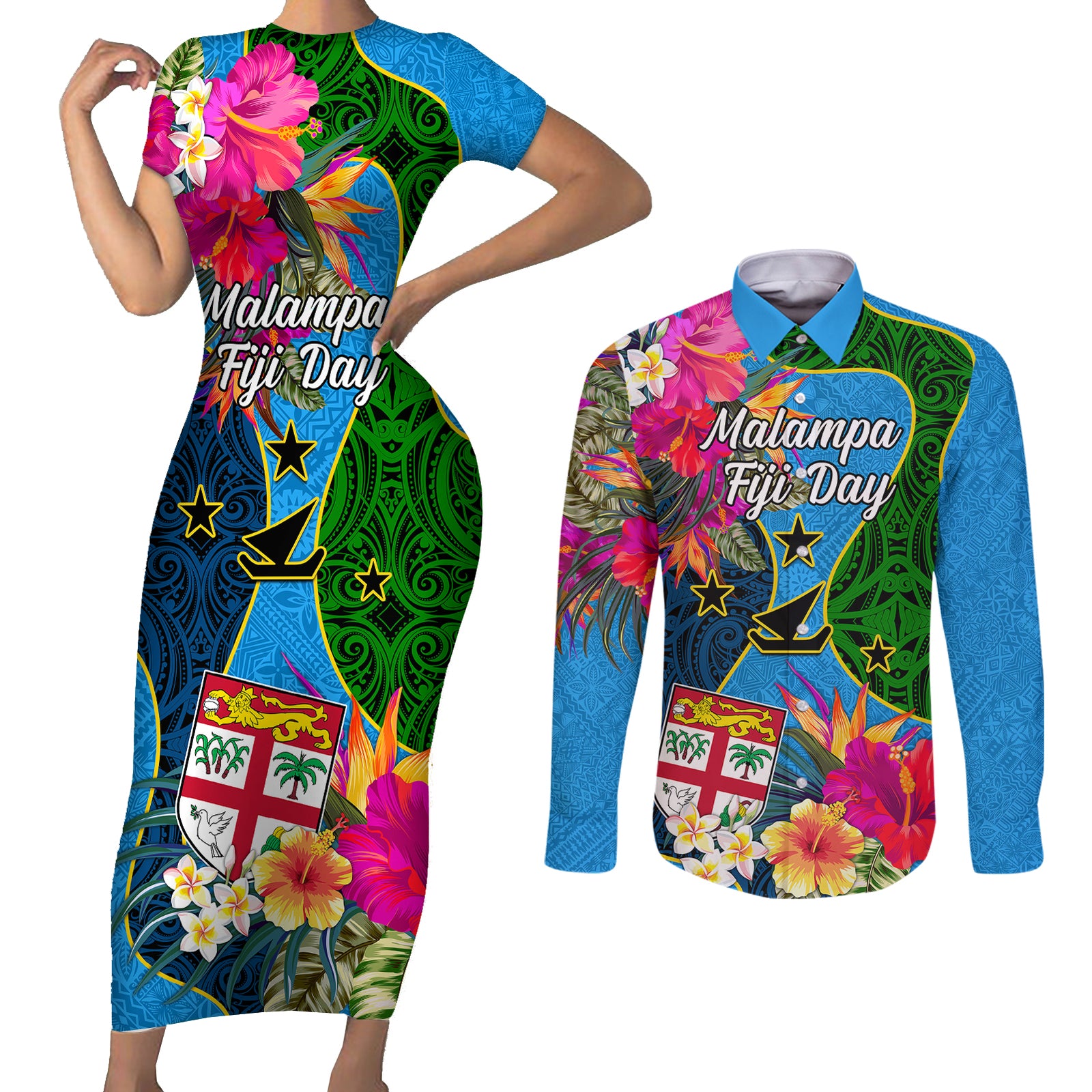 Personalised Malampa Fiji Day Couples Matching Short Sleeve Bodycon Dress and Long Sleeve Button Shirts Tropical Plants Mix Polynesian and Tapa Pattern LT03 Blue - Polynesian Pride