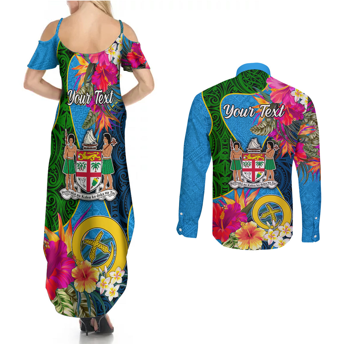 Personalised Malampa Fiji Day Couples Matching Summer Maxi Dress and Long Sleeve Button Shirts Tropical Plants Mix Polynesian and Tapa Pattern LT03 - Polynesian Pride