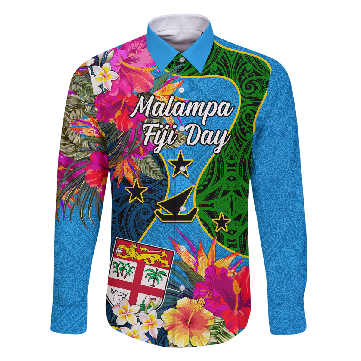 Personalised Malampa Fiji Day Family Matching Off Shoulder Short Dress and Hawaiian Shirt Tropical Plants Mix Polynesian and Tapa Pattern LT03 Dad's Shirt - Long Sleeve Blue - Polynesian Pride