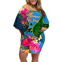 Personalised Malampa Fiji Day Family Matching Off Shoulder Short Dress and Hawaiian Shirt Tropical Plants Mix Polynesian and Tapa Pattern LT03 Mom's Dress Blue - Polynesian Pride