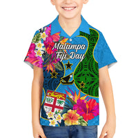Personalised Malampa Fiji Day Family Matching Puletasi Dress and Hawaiian Shirt Tropical Plants Mix Polynesian and Tapa Pattern LT03 Son's Shirt Blue - Polynesian Pride