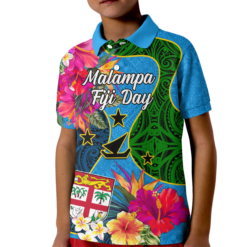 Personalised Malampa Fiji Day Kid Polo Shirt Tropical Plants Mix Polynesian and Tapa Pattern LT03 Kid Blue - Polynesian Pride
