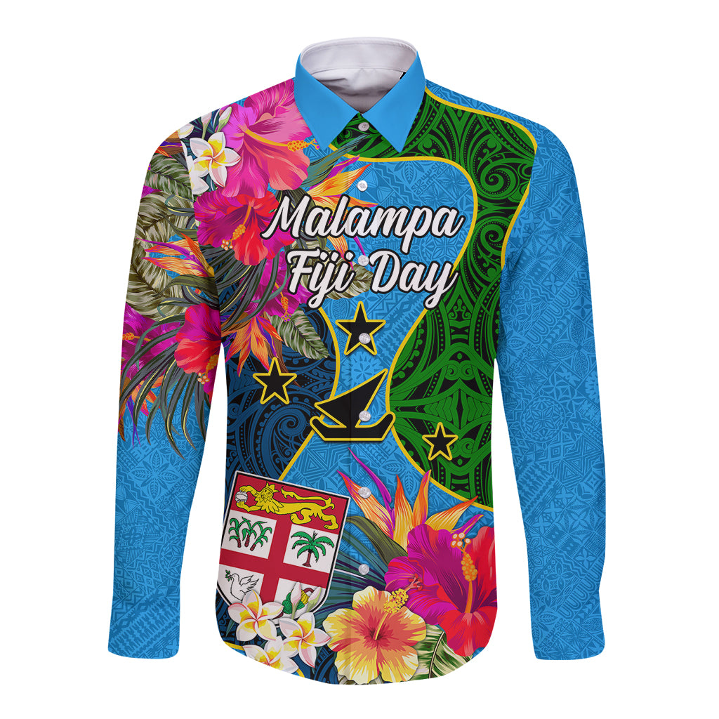 Personalised Malampa Fiji Day Long Sleeve Button Shirt Tropical Plants Mix Polynesian and Tapa Pattern LT03 Unisex Blue - Polynesian Pride