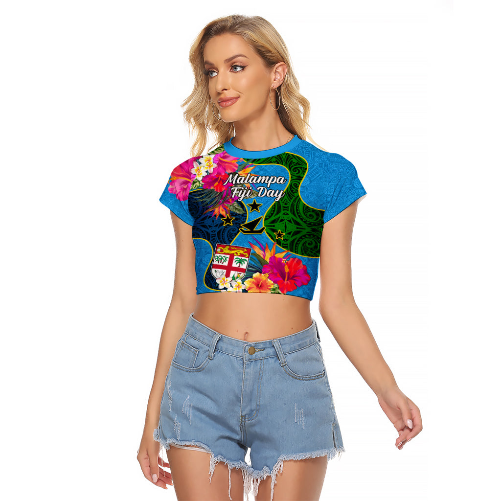 Personalised Malampa Fiji Day Raglan Cropped T Shirt Tropical Plants Mix Polynesian and Tapa Pattern LT03 Female Blue - Polynesian Pride