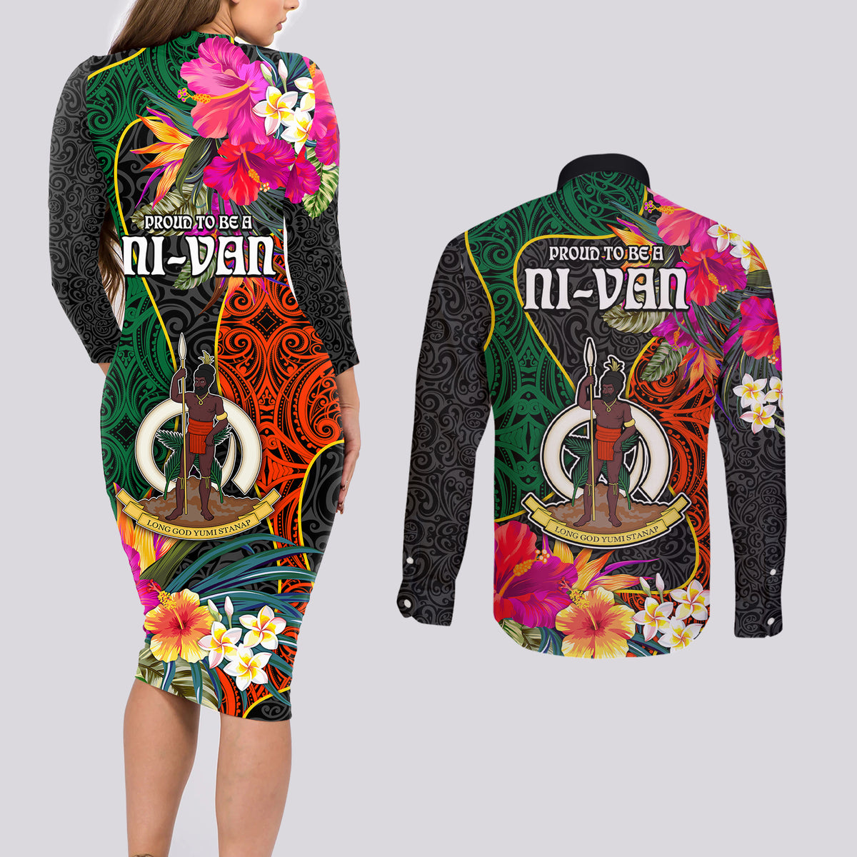 Penama Day Couples Matching Long Sleeve Bodycon Dress and Long Sleeve Button Shirts Proud To Be A Ni-Van Beauty Pacific Flower LT03 - Polynesian Pride