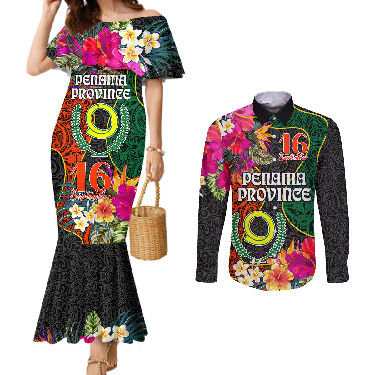 Penama Day Couples Matching Mermaid Dress and Long Sleeve Button Shirts Proud To Be A Ni-Van Beauty Pacific Flower LT03 Black - Polynesian Pride