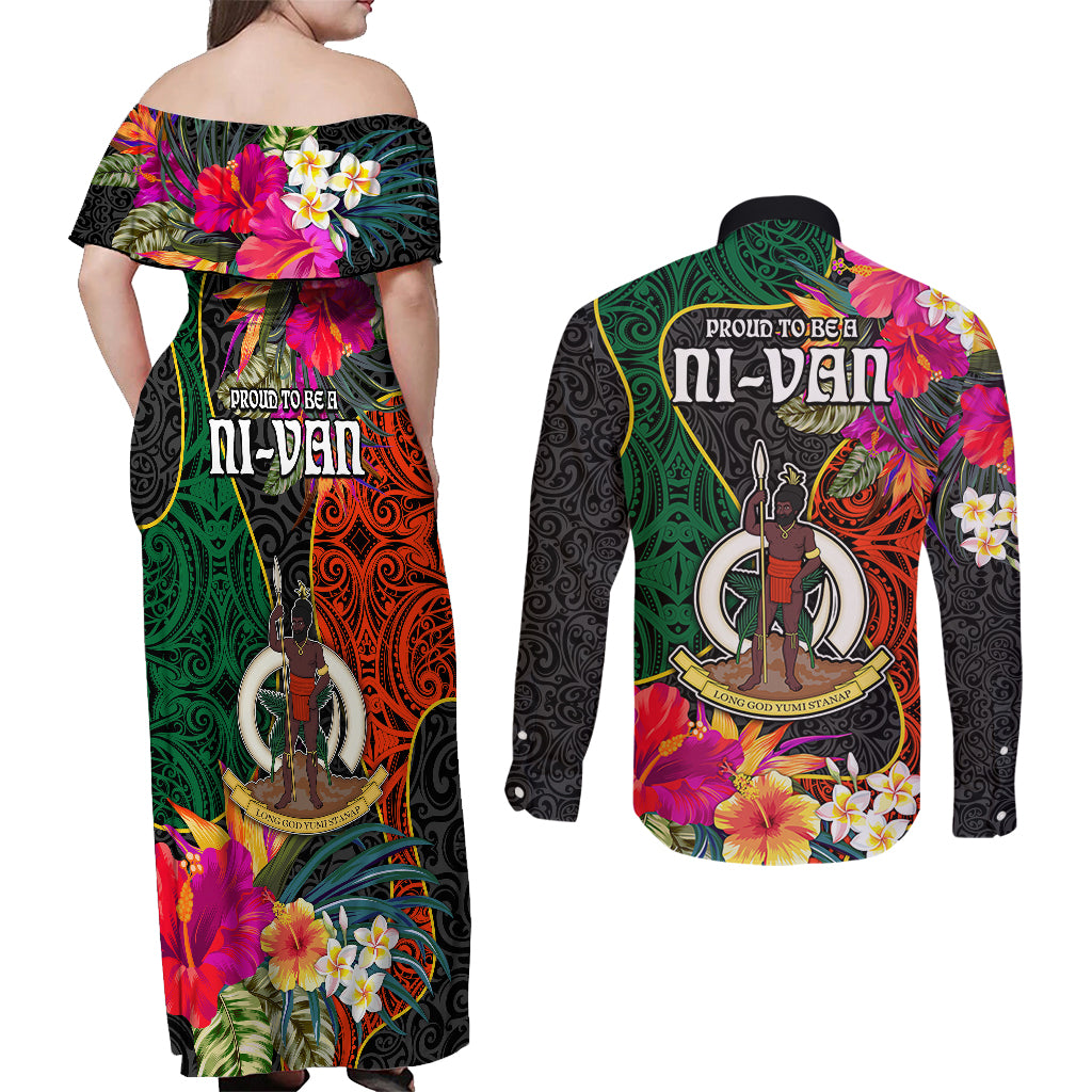 Penama Day Couples Matching Off Shoulder Maxi Dress and Long Sleeve Button Shirts Proud To Be A Ni-Van Beauty Pacific Flower LT03 - Polynesian Pride
