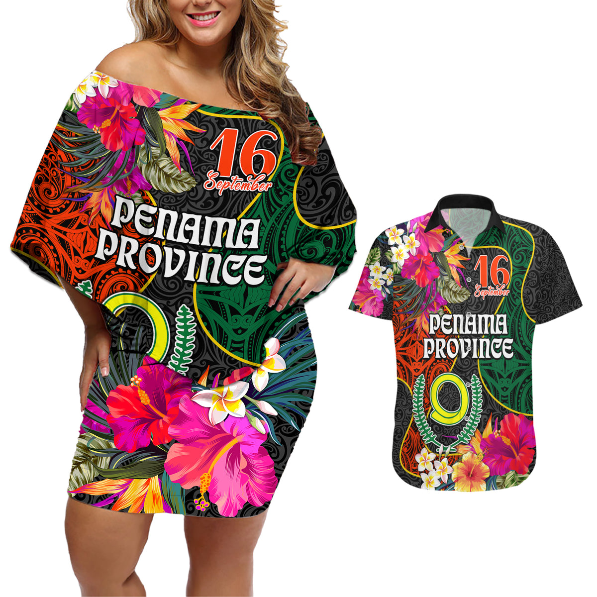 Penama Day Couples Matching Off Shoulder Short Dress and Hawaiian Shirt Proud To Be A Ni-Van Beauty Pacific Flower LT03 Black - Polynesian Pride